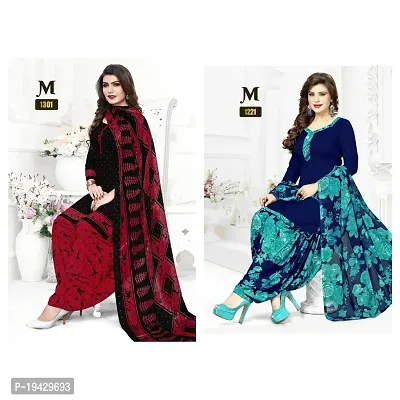 EverEthnic Women's Top and Bottom Crepe With Chiffon Dupatta Printed Unstitched Salwar Suit Material (COMBO OF 2)