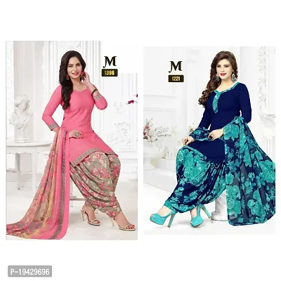 EverEthnic Women's Top and Bottom Crepe With Chiffon Dupatta Printed Unstitched Salwar Suit Material (COMBO OF 2)