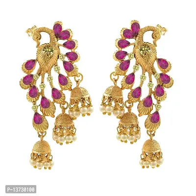 Saizen Traditional Gold Pearl Gold-plated Peacock Kundan Jhumkas Diamond, Pearl Alloy Jhumki Earring for Women-thumb0