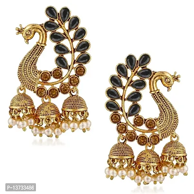 Saizen Traditional Women's Alloy Pearl Peacock Kundan Diamond, Jhumki Earring (Gold , Black)