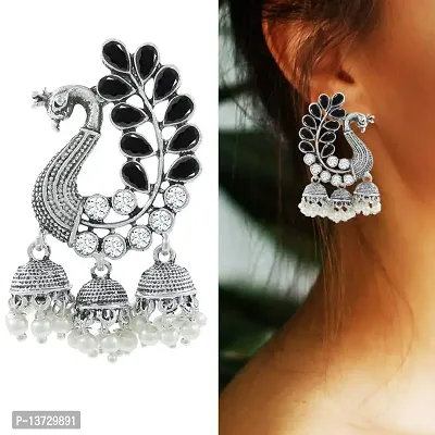 Saizen Silver Gold Diamond; Pearl Alloy Traditional Peacock Kundan Jhumka Earrings for Women-thumb2