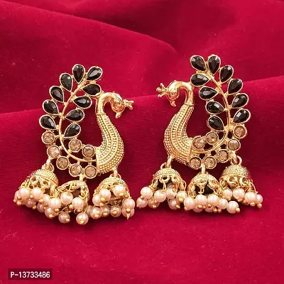 Saizen Traditional Women's Alloy Pearl Peacock Kundan Diamond, Jhumki Earring (Gold , Black)-thumb3