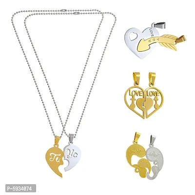 Couple Special Silver and Gold plated Multiple Design Dual Love locket Heart Pendant with 2 ball Chain for Girls  Boys Rhodium Gold-plated Stainless Steel Pendant Set