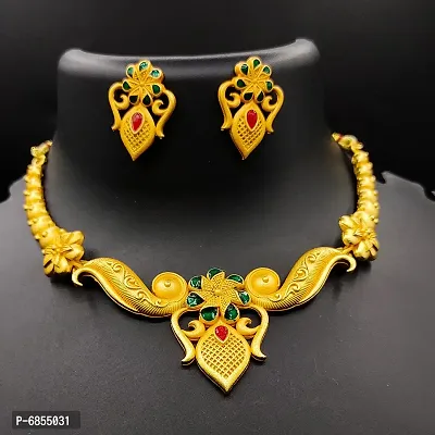 Traditional Gold Plated Necklace Set With Earring For Women