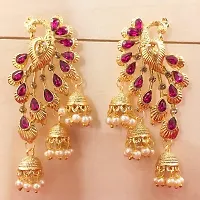 Saizen Traditional Gold Pearl Gold-plated Peacock Kundan Jhumkas Diamond, Pearl Alloy Jhumki Earring for Women-thumb3