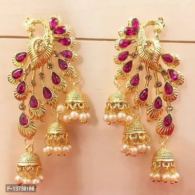 Saizen Traditional Gold Pearl Gold-plated Peacock Kundan Jhumkas Diamond, Pearl Alloy Jhumki Earring for Women-thumb4