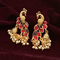 Saizen Traditional Gold Pearl Peacock Kundan Jhumkas Diamond, Pearl Alloy Jhumki Earring (Red) (Red)-thumb2