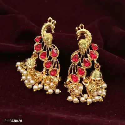 Saizen Traditional Gold Pearl Peacock Kundan Jhumkas Diamond, Pearl Alloy Jhumki Earring (Red) (Red)-thumb3