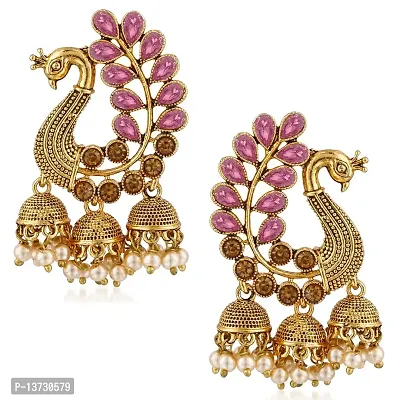 Saizen Metal Gold Plated and Pearl Jhumki Earrings for Women  Girls, Rani Pink