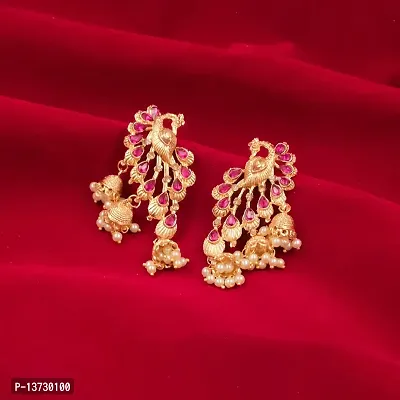 Saizen Traditional Gold Pearl Gold-plated Peacock Kundan Jhumkas Diamond, Pearl Alloy Jhumki Earring for Women-thumb3