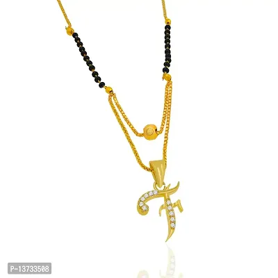 Brass  Gold Plated AD Studded F Alphabet Pendant Black Beaded Chain Traditional Mangalsutra for Women