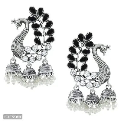 Saizen Silver Gold Diamond; Pearl Alloy Traditional Peacock Kundan Jhumka Earrings for Women-thumb0