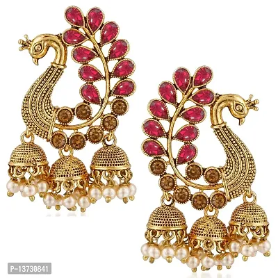 Saizen Metal Gold Plated and Pearl Jhumki Red Earrings for Women