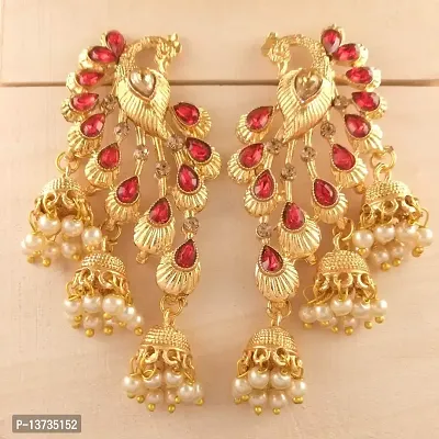 Saizen Red Gold Diamond; Pearl Alloy Traditional Peacock Jhumka Earrings for Women-thumb5