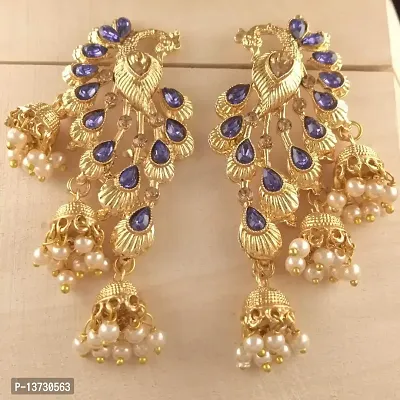 Saizen Blue Alloy Traditional Golden Gold Plated Pearl Peacock Diamond Jhumki Earring for Women-thumb5