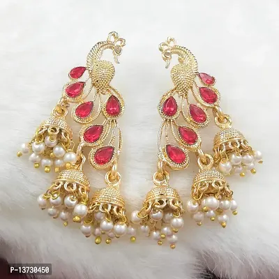 Saizen Traditional Gold Pearl Peacock Kundan Jhumkas Diamond, Pearl Alloy Jhumki Earring (Red) (Red)-thumb4