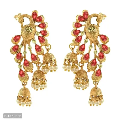 Saizen Red Gold Diamond; Pearl Alloy Traditional Peacock Jhumka Earrings for Women