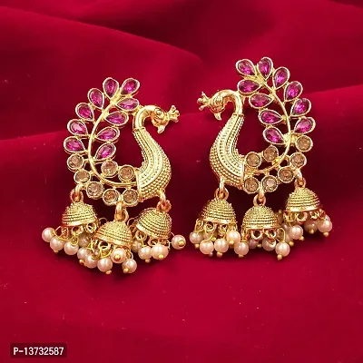 Saizen Metal Gold Plated and Pearl Pink Jhumki Earrings for Women-thumb3