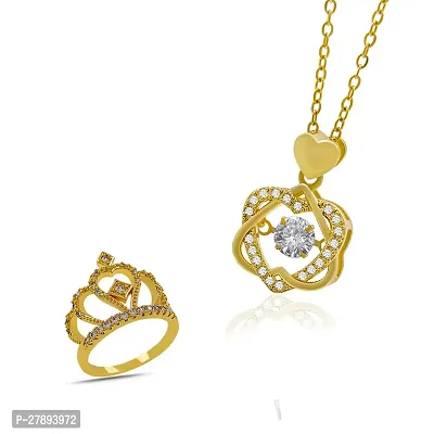 Elegant Golden Stainless Steel Pendant With Rings Jewellery Set For Women-thumb2