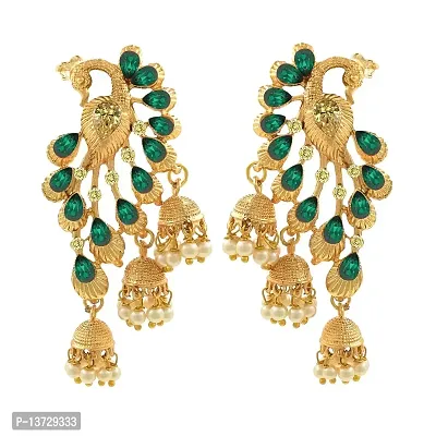 Saizen Traditional Gold Pearl Peacock Jhumkas Diamond; Pearl Alloy Jhumki Earring for Women (Green)