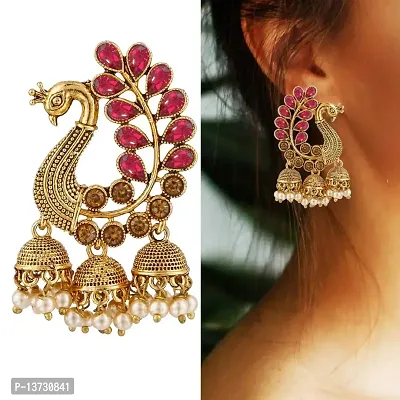 Saizen Metal Gold Plated and Pearl Jhumki Red Earrings for Women-thumb2