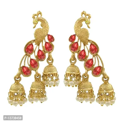 Saizen Traditional Gold Pearl Peacock Kundan Jhumkas Diamond, Pearl Alloy Jhumki Earring (Red) (Red)-thumb0