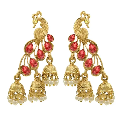 Saizen Traditional Gold Pearl Peacock Kundan Jhumkas Diamond, Pearl Alloy Jhumki Earring (Red)