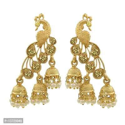 Saizen Women's and Girl's Traditional Gold Pearl Peacock Kundan Diamond, Alloy Jhumki Earring