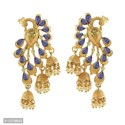 Saizen Blue Alloy Traditional Golden Gold Plated Pearl Peacock Diamond Jhumki Earring for Women