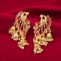 Saizen Red Gold Diamond; Pearl Alloy Traditional Peacock Jhumka Earrings for Women-thumb2