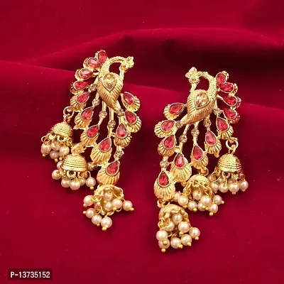 Saizen Red Gold Diamond; Pearl Alloy Traditional Peacock Jhumka Earrings for Women-thumb3