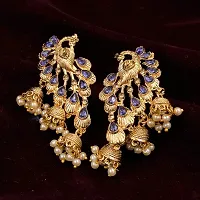 Saizen Blue Alloy Traditional Golden Gold Plated Pearl Peacock Diamond Jhumki Earring for Women-thumb3