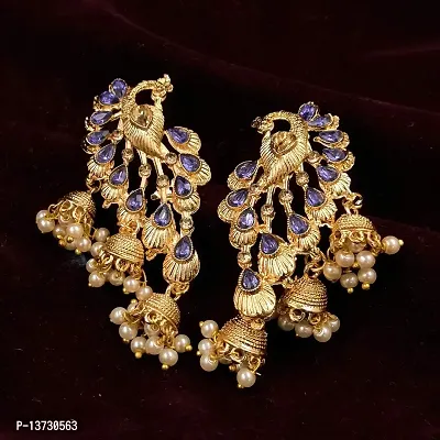 Saizen Blue Alloy Traditional Golden Gold Plated Pearl Peacock Diamond Jhumki Earring for Women-thumb4