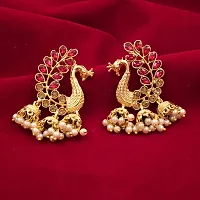 Saizen Metal Gold Plated and Pearl Jhumki Red Earrings for Women-thumb2