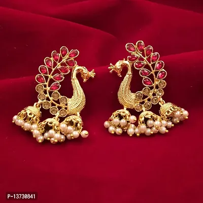 Saizen Metal Gold Plated and Pearl Jhumki Red Earrings for Women-thumb3