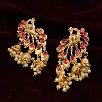 Saizen Red Gold Diamond; Pearl Alloy Traditional Peacock Jhumka Earrings for Women-thumb3