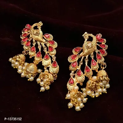 Saizen Red Gold Diamond; Pearl Alloy Traditional Peacock Jhumka Earrings for Women-thumb4