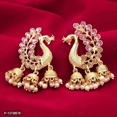 Saizen Metal Gold Plated and Pearl Jhumki Earrings for Women  Girls, Rani Pink-thumb3