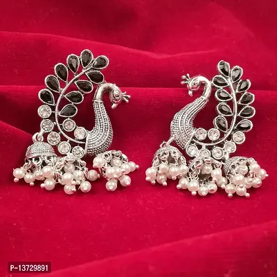 Saizen Silver Gold Diamond; Pearl Alloy Traditional Peacock Kundan Jhumka Earrings for Women-thumb3