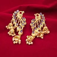 Saizen Blue Alloy Traditional Golden Gold Plated Pearl Peacock Diamond Jhumki Earring for Women-thumb2