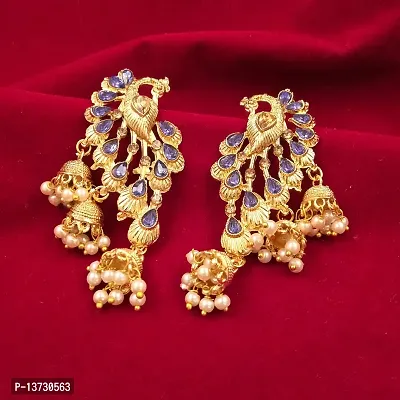 Saizen Blue Alloy Traditional Golden Gold Plated Pearl Peacock Diamond Jhumki Earring for Women-thumb3