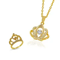 Elegant Golden Stainless Steel Pendant With Rings Jewellery Set For Women-thumb1