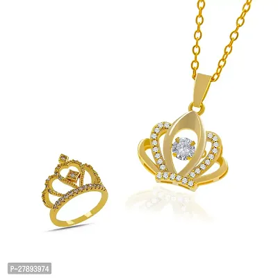 Elegant Golden Stainless Steel Pendant With Rings Jewellery Set For Women-thumb2