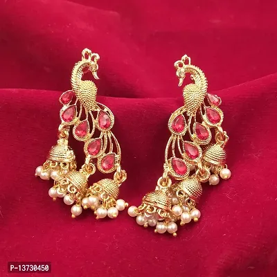 Saizen Traditional Gold Pearl Peacock Kundan Jhumkas Diamond, Pearl Alloy Jhumki Earring (Red) (Red)-thumb5