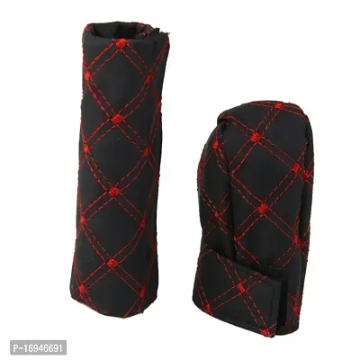 PU Leather Gear Shift Knob and Handbrake Cover Set, Black and Red