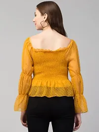 PDK Fashions Ruched Cold Shoulder Net Sleeve Tops for Women | Yellow, M-thumb2