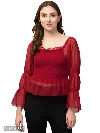 PDK Fashions Ruched Cold Shoulder Net Sleeve Tops for Women | Red, L