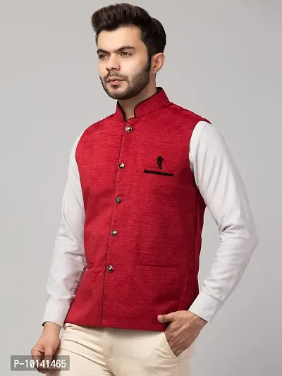 PDK Fashions Men's Silk Blend, Embroidered Nehru Jacket (Maroon, X-Large)-thumb3