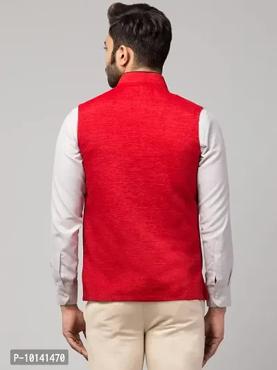 PDK Fashions Men's Silk Blend, Embroidered Nehru Jacket (Red, Large)-thumb2