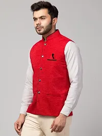 PDK Fashions Men's Silk Blend, Embroidered Nehru Jacket (Red, Large)-thumb2